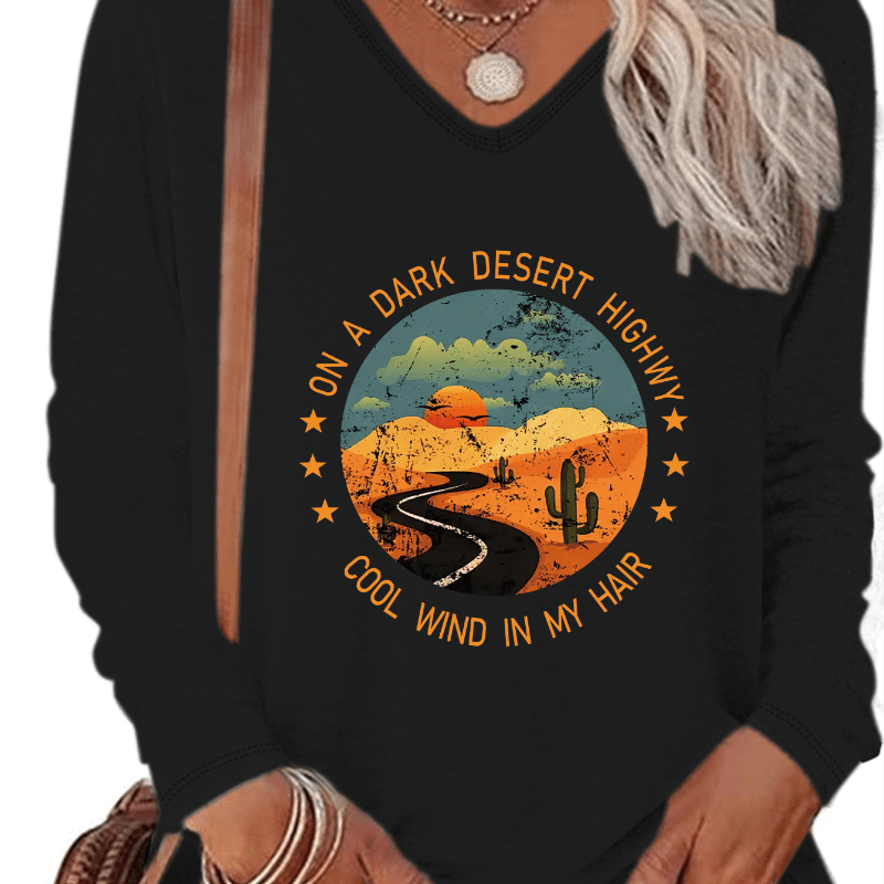 

Women's Casual V-neck Long Sleeve T-shirt With Letter Print - Stretchy Polyester , Machine Washable, Fall & Winter - In Black, Sizes S To Xxl