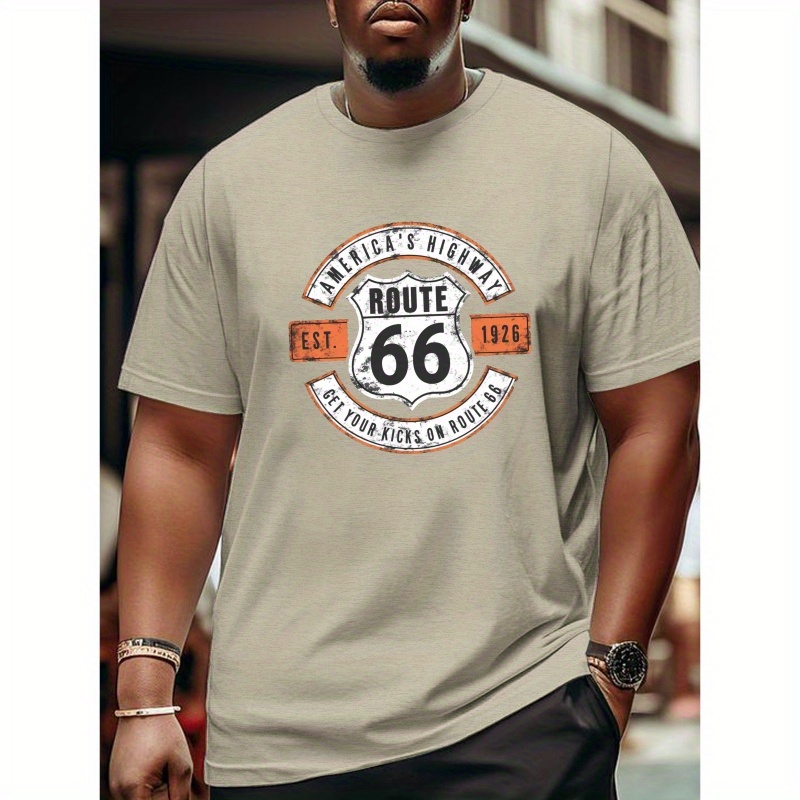 

Plus Size Men's Summer T-shirt, Nostalgia Route 66 Emblem Graphic Print Short Sleeve Breathable Casual Tops For Daily Life, Big & Tall