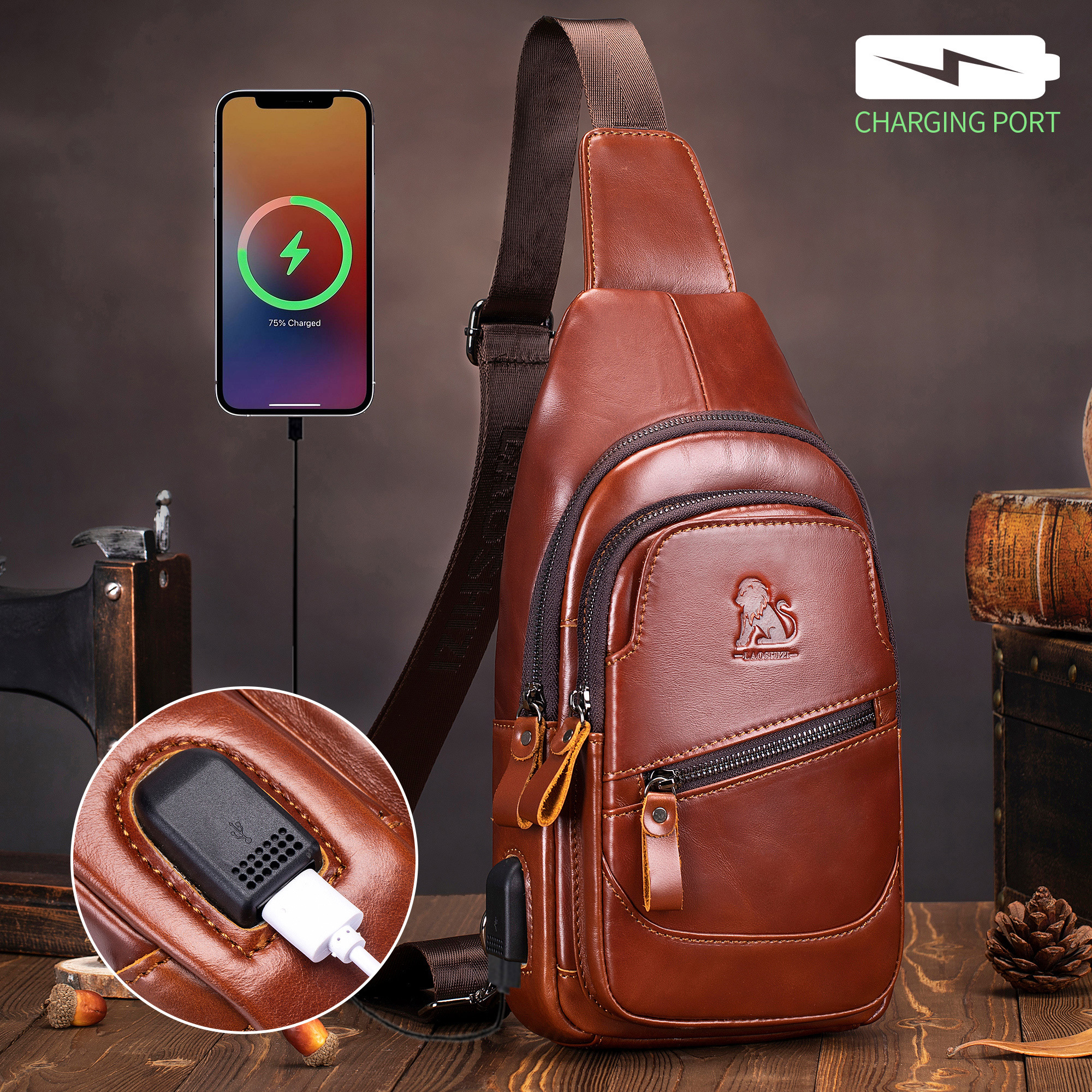 

Large Capacity Men's Genuine Leather Chest Bag With Usb Charging Port - Adjustable Strap, Multi-compartment Crossbody For