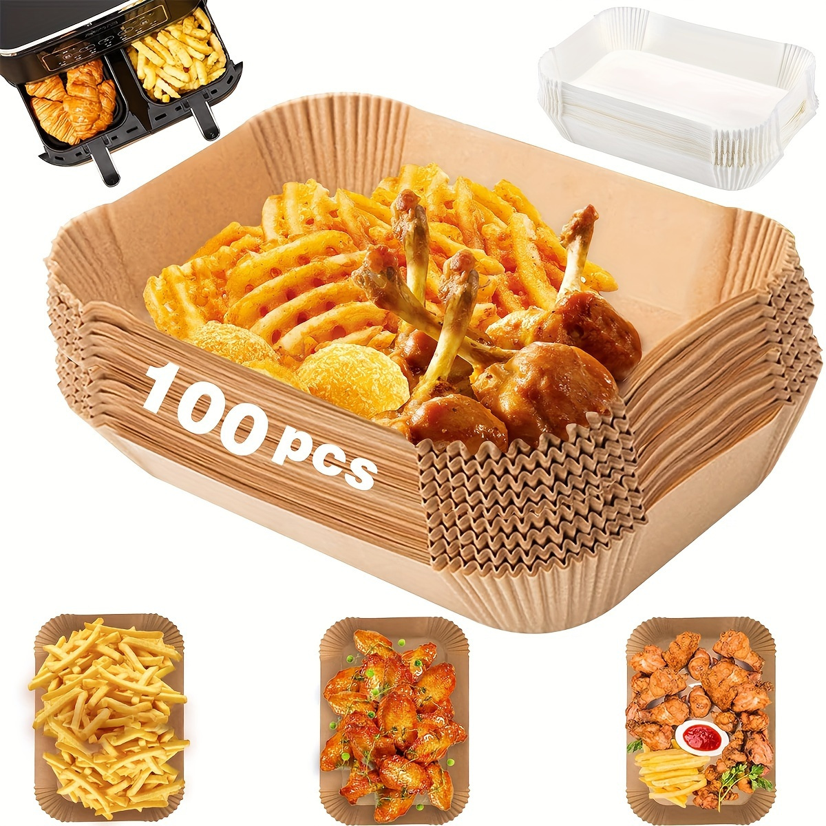 E-shop 100 Stück Air Fryer Backpapier Einlagen - Antihaftbeschichtung, Hitzebeständiges Backpapier - Öl- und Wasserabweisend, Rechteckige Backpapier