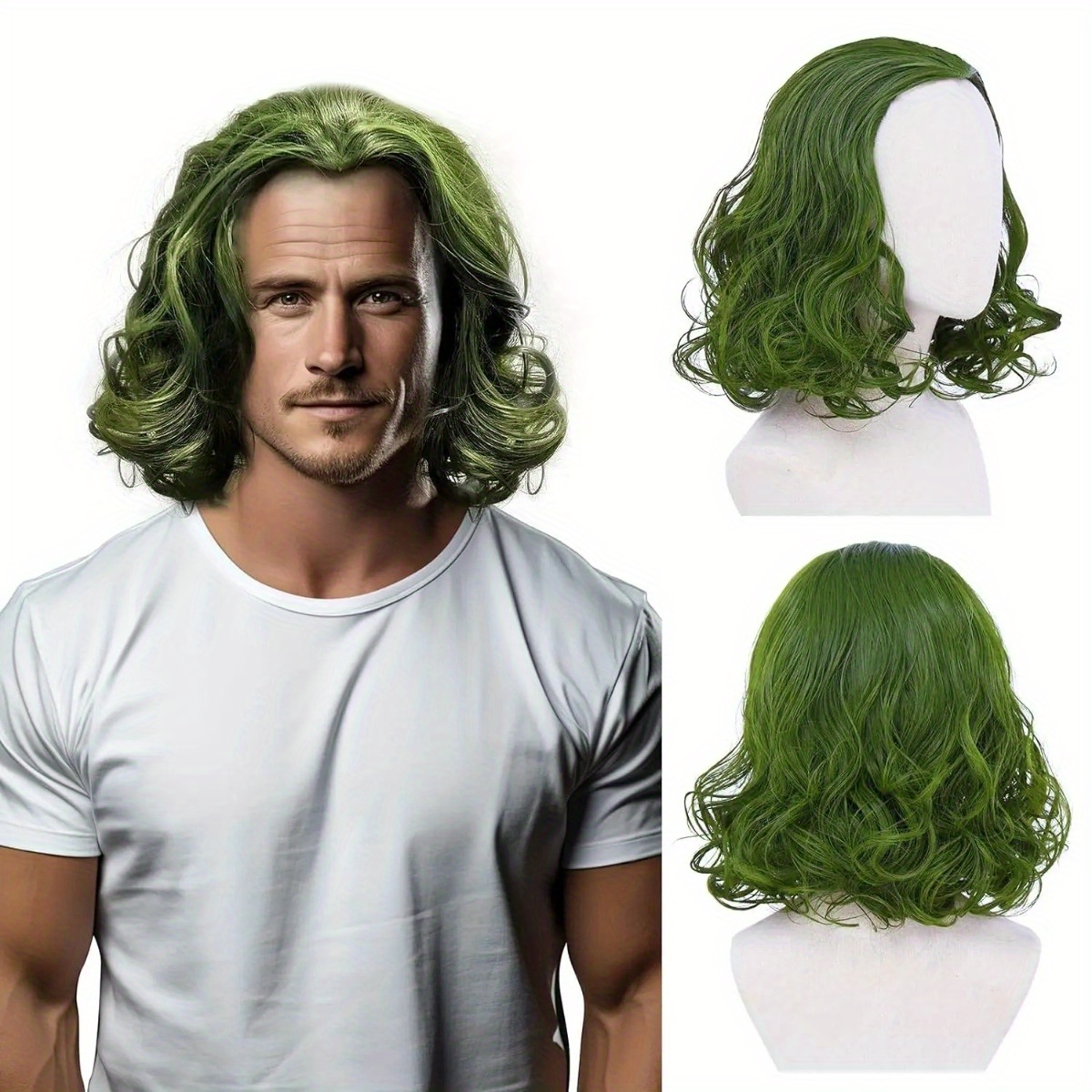 

Men's Wavy Green Wig - Cool & Handsome Style, Polyester Synthetic Fiber, Ideal For Clown Cosplay, Party Costume, Anime Dress Up – Versatile Design For Various Occasions