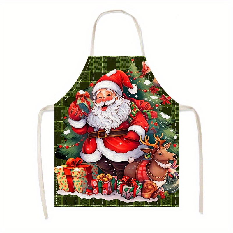 TEMU Christmas-themed Print Linen Apron - Oil & Stain Resistant, Cooking, Parties, And Home Use