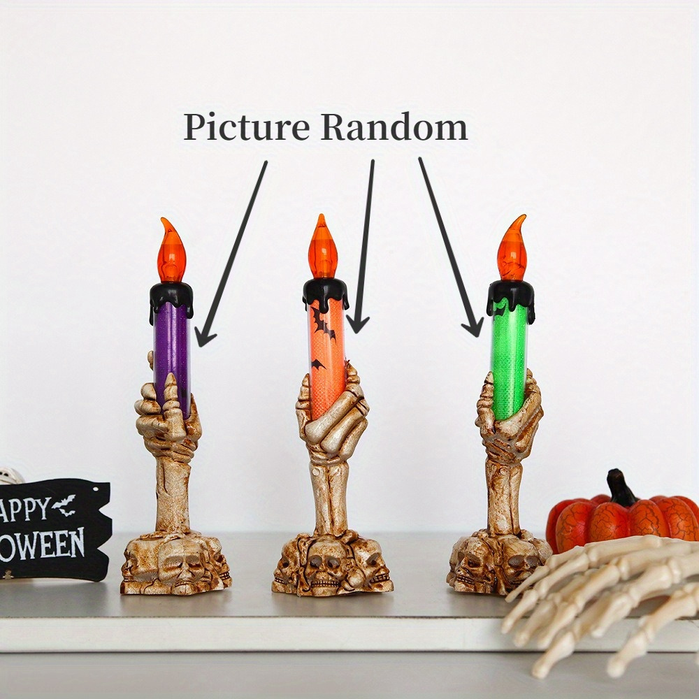 TEMU Set Of 3 Led Light Candle Holders Shaped Like , Featuring Skeleton Hands, Perfect For Halloween Party Decorations, Button Batteries.