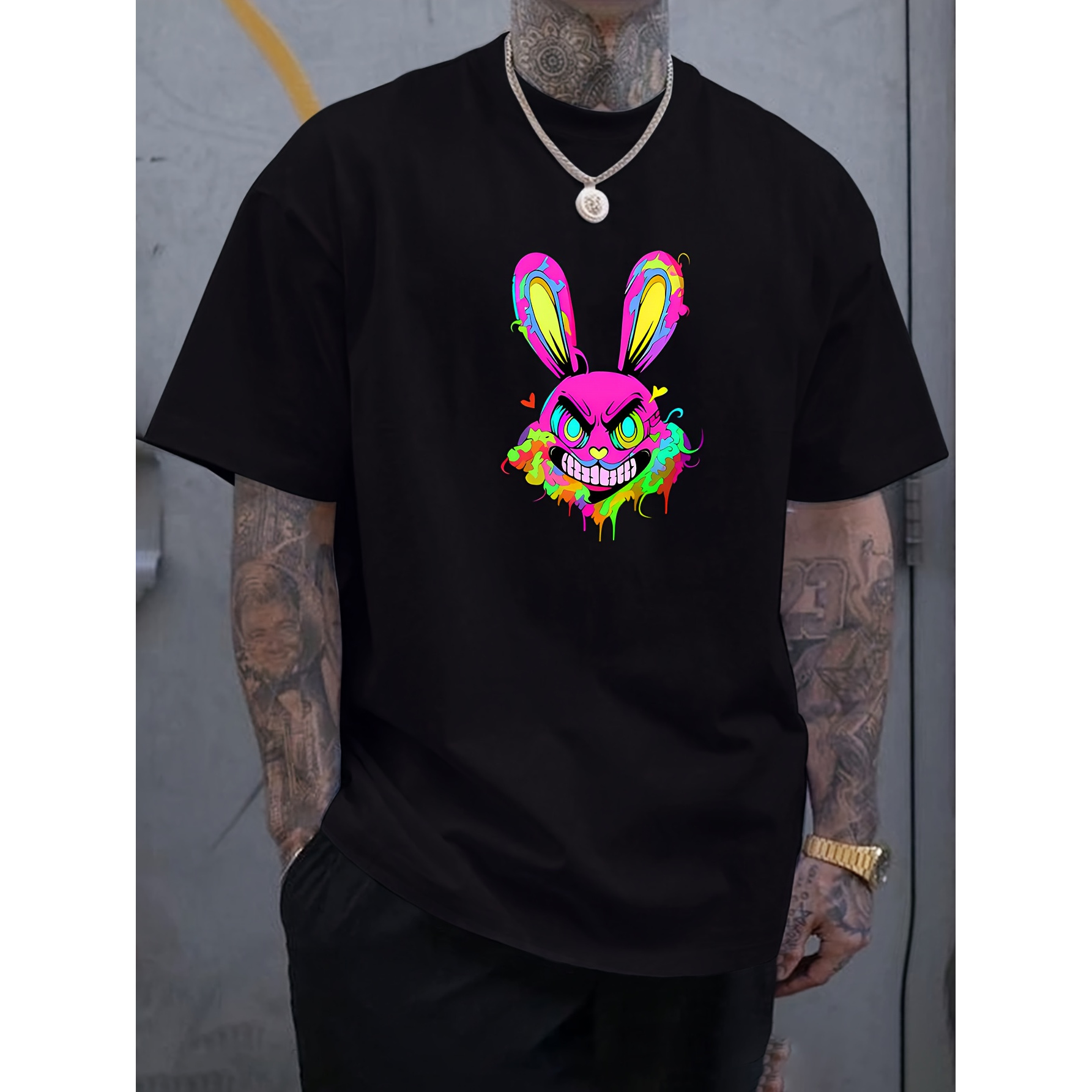 

Men's Cartoon Rabbit Graphic Tee - Breathable & Comfortable Crew Neck T-shirt For Casual Summer Wear, Machine Washable