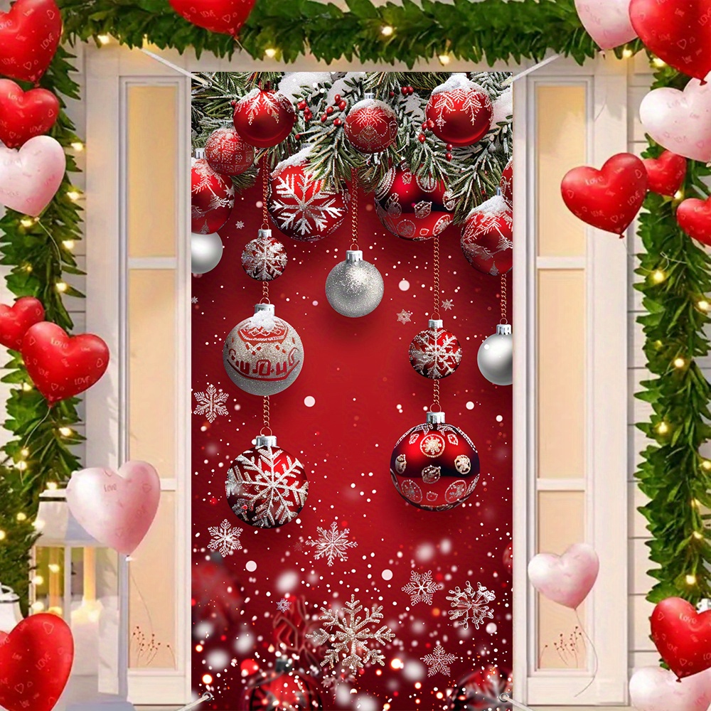 

Large Merry Christmas Door Banner - 35.4" X 70.8" Polyester Cover With Tree & Ball Ornaments, Perfect For Outdoor Holiday Decor