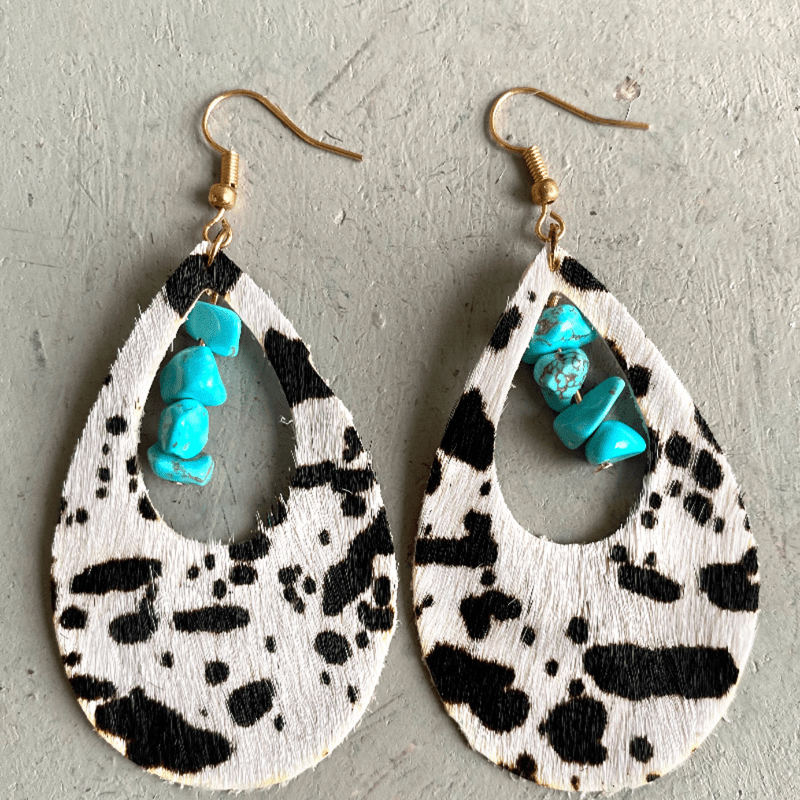 

2pcs Vintage Western Animal Print Leopard Cowhide Drops Faux Turquoise Copper Golden Earrings Dangles Women Daily Gift Party