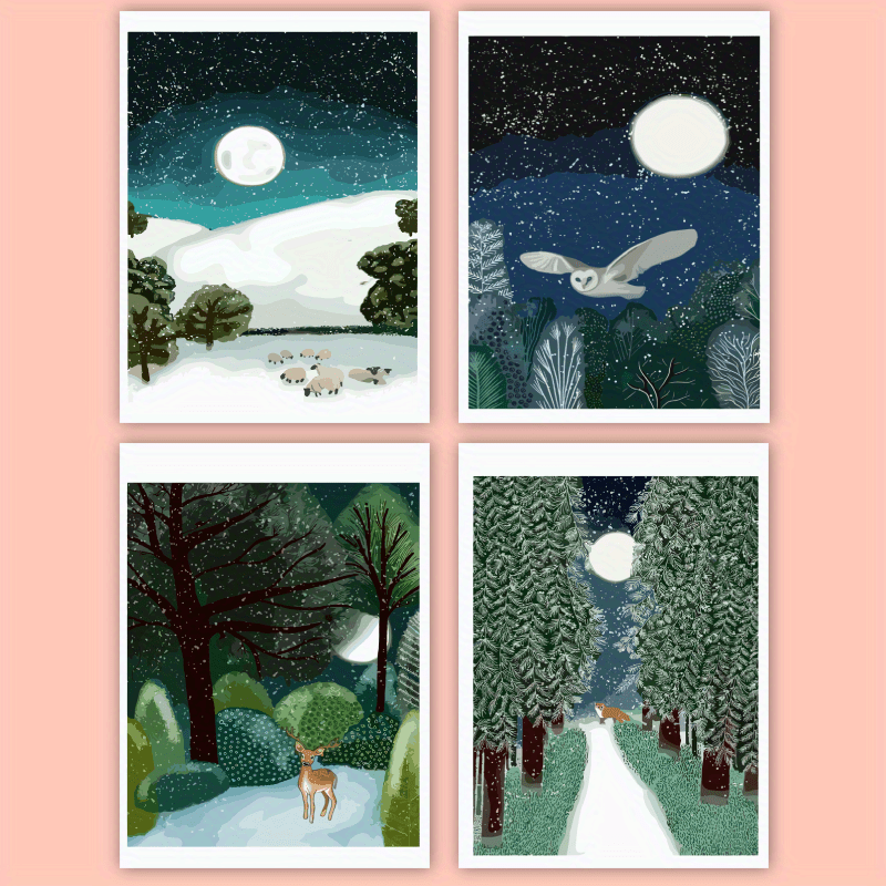 

4-pack Assorted Winter Wonderland Greeting Cards With Envelopes, Cartoon Themed Blank Cards For Any Occasion, High-quality Paper, All-purpose Holiday Cards For Personalized Messages