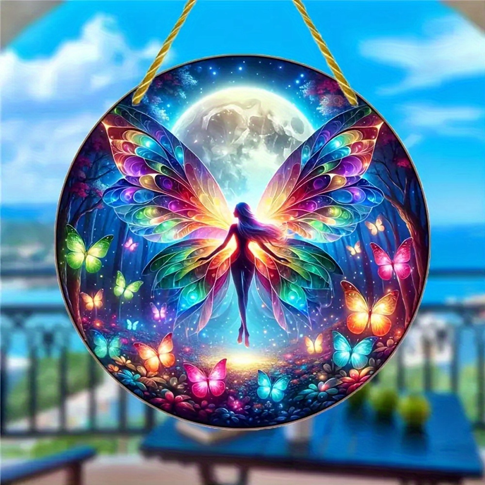 

1pc, Whimsical Fairy Suncatcher Butterfly Elf Acrylic Wall Hanging - Vibrant Colorful Round Sign, Garland Decor, Holiday Gift, Multipurpose Decor, Wall Decor, Home Decor