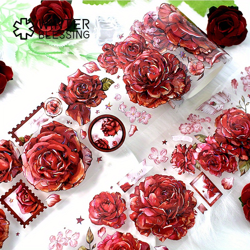 Image of 2m Roll Of Transparent Red Rose Washi Tape, Perfect For Decorative Purposes In Scrapbooking And Journaling, An Aesthetic Touch To Your Stationery