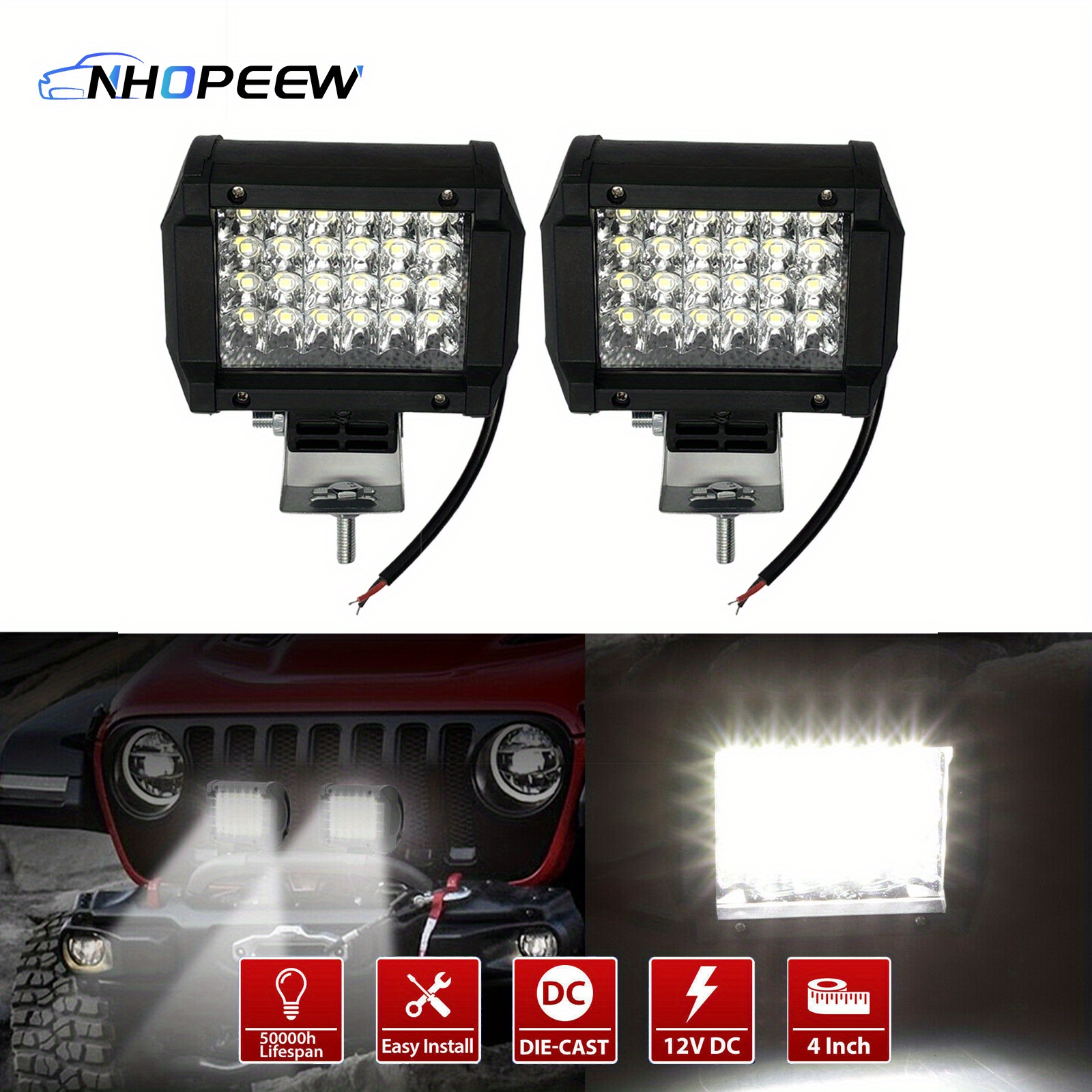 

Nhopeew 4 Inch 72w Led Light Bar 12000lm Work Flood Pods Offroad Driving Fog Lamp