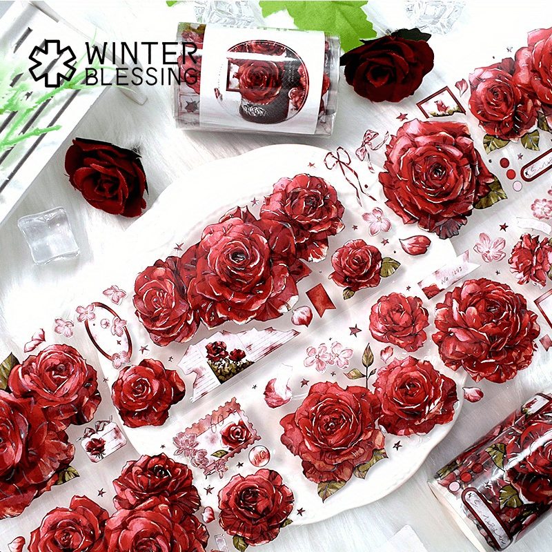 

2m Laser Pet Washi Tape With Red Rose Stickers - Decorative Adhesive Tape For Scrapbooking, Journals, And Aesthetic Stationery