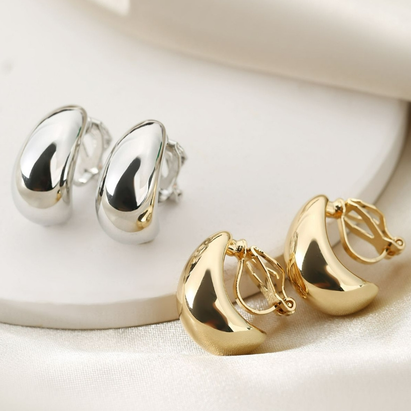 TEMU Women's Non-piercing Ear Clip-on Earrings - Glossy Teardrop Jewelry, Minimalist Retro Ear For Daily Wear & Parties, Clip-on Earrings For Sensitive Light Beige/narrow Ear