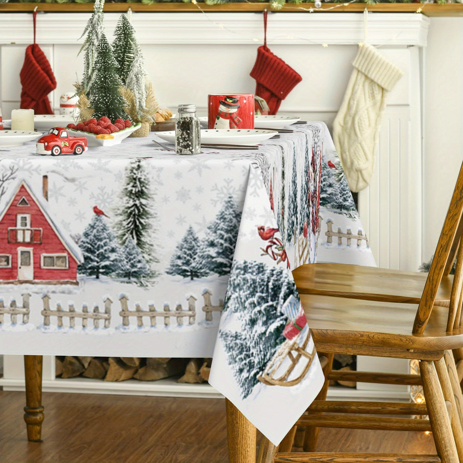 

1pc, Sm:e Christmas Square Oval Round Rectangular Tablecloth 60 X 84 Inch Rectangular, Winter Snowman House Christmas Trees White Washable Table Cover For Party Picnic Dinner Kitchen Room Decor