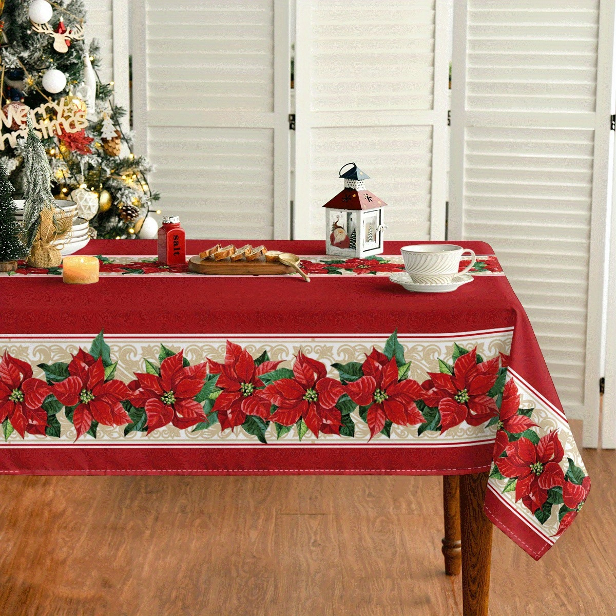 

1pc, Sm:e Christmas Rectangular Tablecloth, Poinsettia Red Washable Table Cover For Party Picnic Dinner Kitchen Room Decor 60 X 84/ 60 X 60/ 60 X 104/ 60 X 120/ 52 X 70 Inch