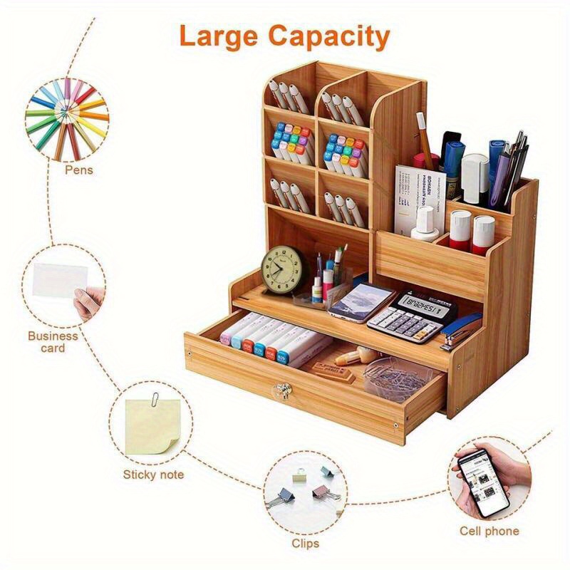 

1pc New Wooden Assembled Desk Table Office Organizer Wooden Pen Holder Tidy Case