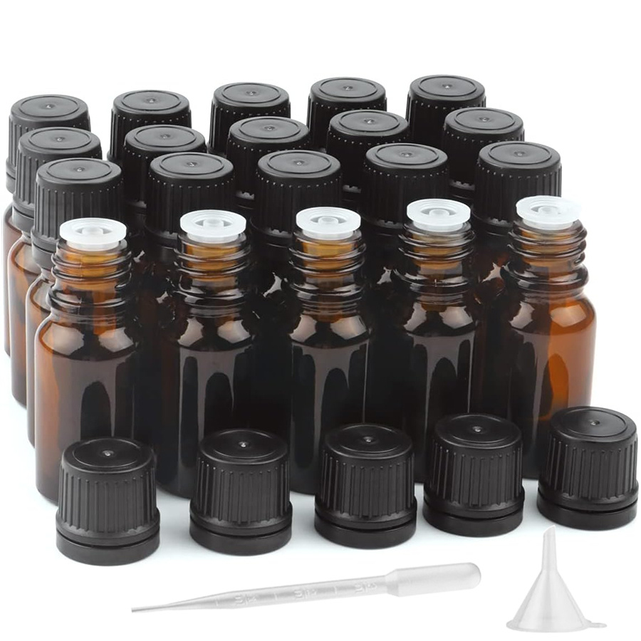 

Kit de 20 flacons de verre ambre de 10ml avec réducteurs d'orifice et compte-gouttes - Protection UV pour l'aromathérapie, le parfum, les huiles cosmétiques - Vial en verre non parfumé