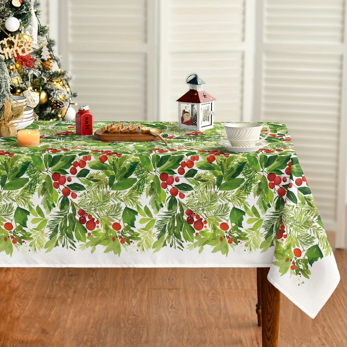 

1pc, Sm:e Christmas Rectangular Tablecloth, Holly Fruits Washable Table Cover For Party Picnic Dinner Kitchen Room Decor 60 X 84/ 60 X 60/ 60 X 104/ 60 X 120/ 52 X 70 Inch