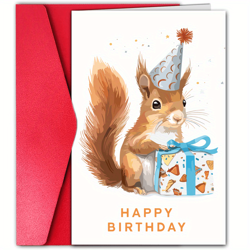 

Squirrel Birthday Card With Hat - , Brother, Sister, Or Friend - Unique Animal-themed Greeting Card