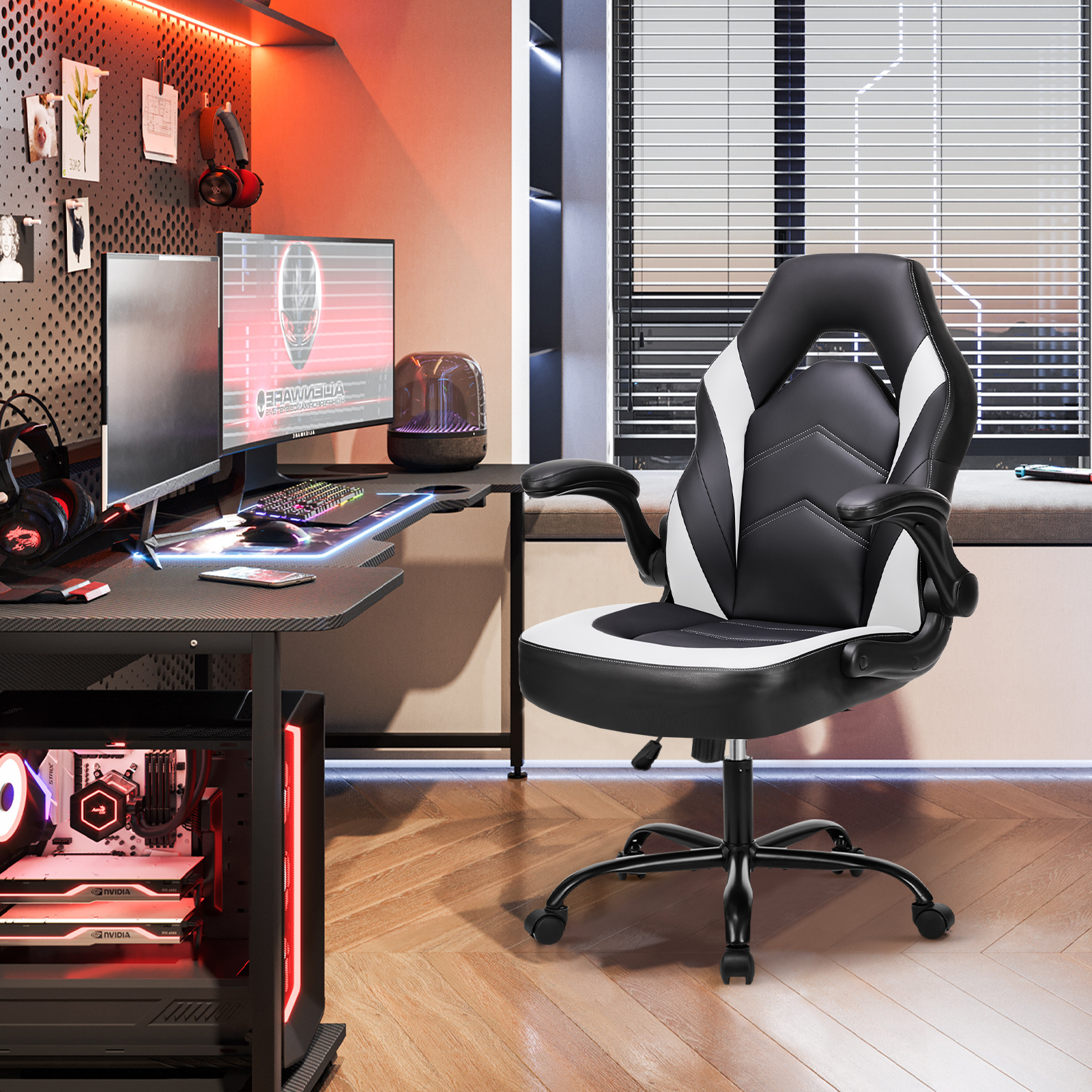 

Computer Gaming Chair High Back, Ergonomic Office Seat With Flip-up Armrest, Wheeled Video Gamchair For Adults