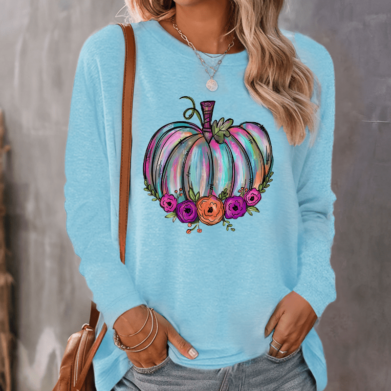 

Women's Thanksgiving Pumpkin & Floral Long Sleeve T-shirt - Crew Neck, Stretchy Polyester , Machine Washable - Fall/winter