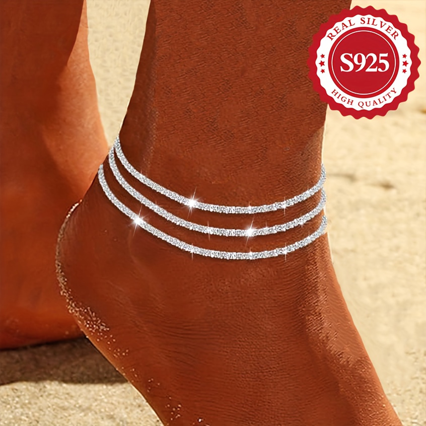 

Elegant S925 Sterling Silver Triple-layered Sparkling Anklet/ Bracelet, Hypoallergenic, Adjustable Chain For Gift, Beach & Summer Fashion, 5.1g/ 0.18oz