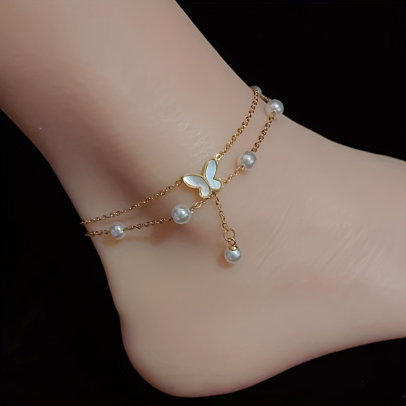 

A Gold-plated Double-layered Stainless Steel Jewelry With Butterfly And Anklet Ins Simple Retro Fashion Simple Joker Ladies Daily Party Holiday Party To Wear.