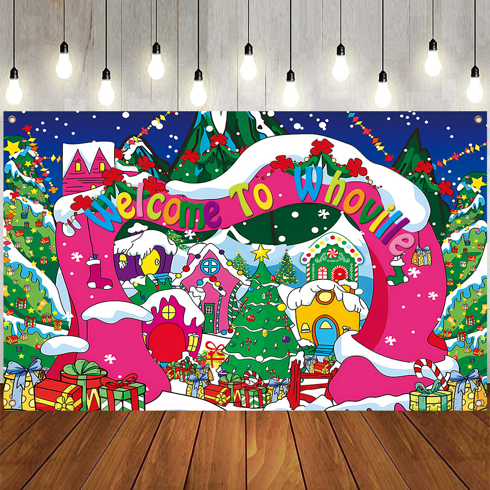 

Whoville Welcome Banner: Festive Christmas Party Decoration - No Power Required, Durable Polyester Fabric, Suitable For Home Walls, Photo Booth Props, And Outdoor Use