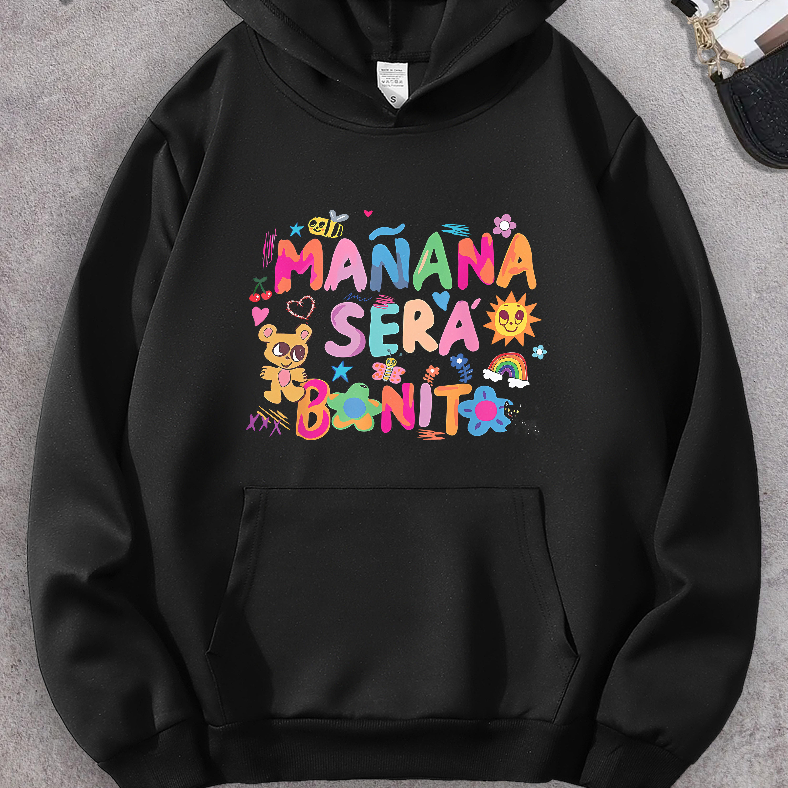 

Manana Sera Bonito Classic Art Letter Graphic Print Crew Neck Long Sleeve Pocket Sweatshirt Print Pullover Hoodie For Women Casual, Spring Summer Fall & Winter, Versatile Wardrobe Staple