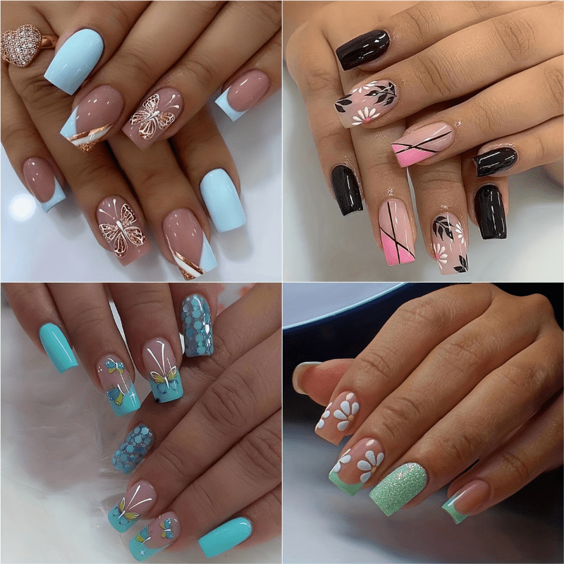 TEMU 96pcs Mixed Nail Set - Fresh Fake Nails With , Flower, And Shiny Glitter Designs - Sweet And Cute Women's Fake Nails