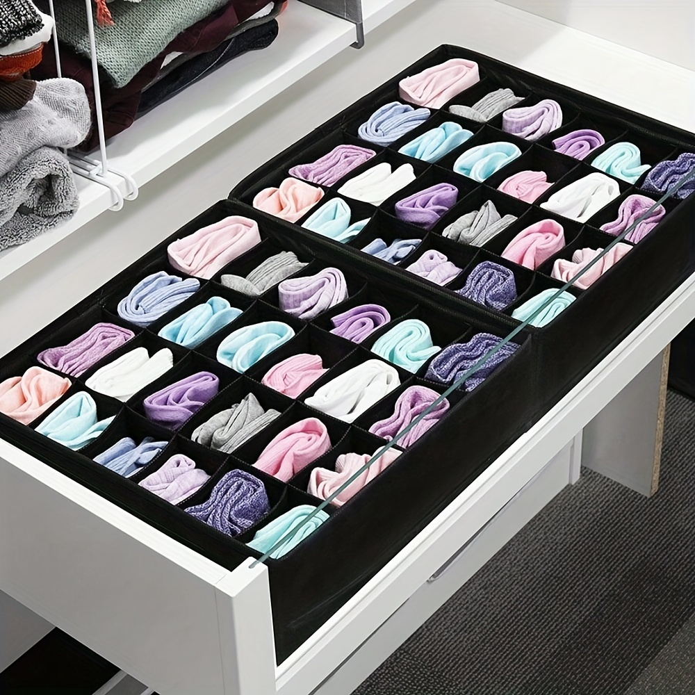 

24-cell Foldable Polyester Drawer Organizer, Tension Mount Design, Polished , Lightweight And Portable, Black, With Underwear, Socks And Clothing Storage For Home