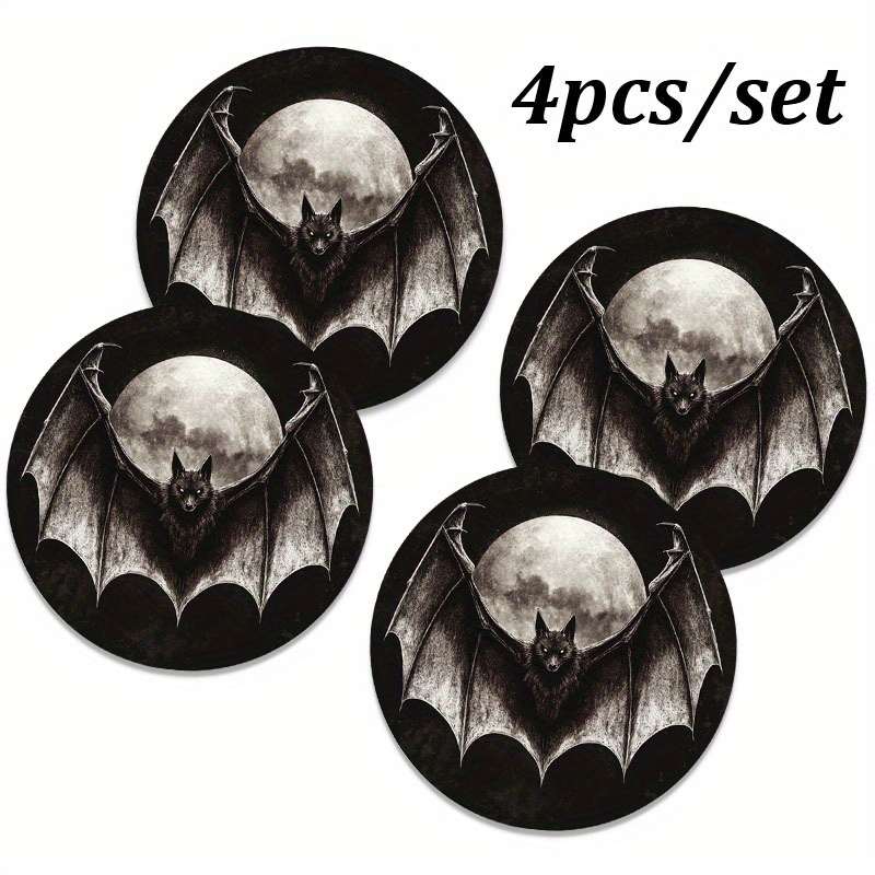 

4-piece Set Faux Leather Bat Coasters With Full Moon Design For - 2.75-inch Drink Mats For Home And Vehicle Interior, Spooky Horror-themed Non-slip, Easy Clean Cup Pad, Novelty Decor Gift