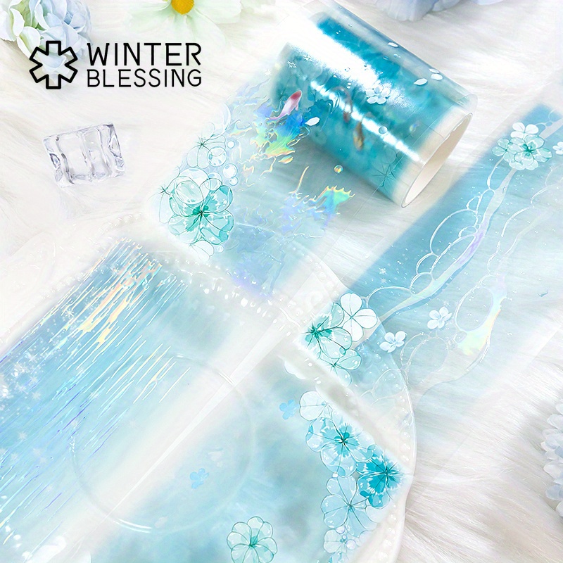 Image of Laser Iridescent Pet Washi Tape With Blue Flowers And - Decorative Adhesive Tape For Scrapbooking, Journals, And Aesthetic Stationery