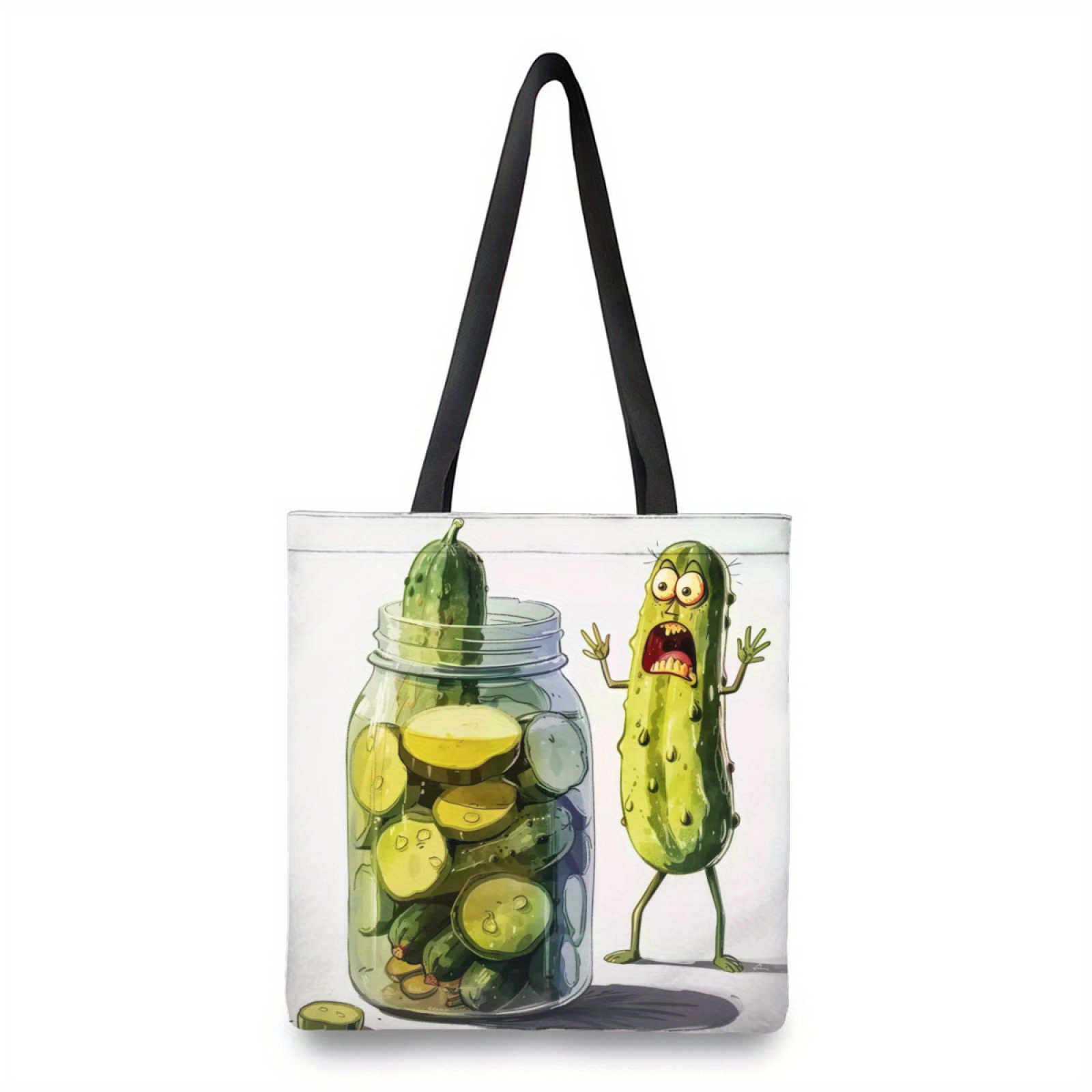 

1pc Vibrant Pickle Pattern Tote Bag - Polyester Canvas With Heavy-duty Woven Handles, Clear & , Washable, Fun Cartoon Design For Shopping Or Gifts