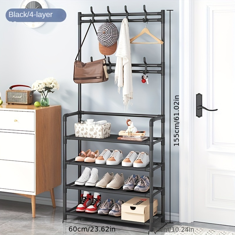 E-shop 4-stufiger Garderoben- Schuhständer, Eingangsgarderobe mit 8 Haken, Doppelreihe Schuhorganizer für Wohnzimmer, Schlafzimmer, Büro, Schwarz