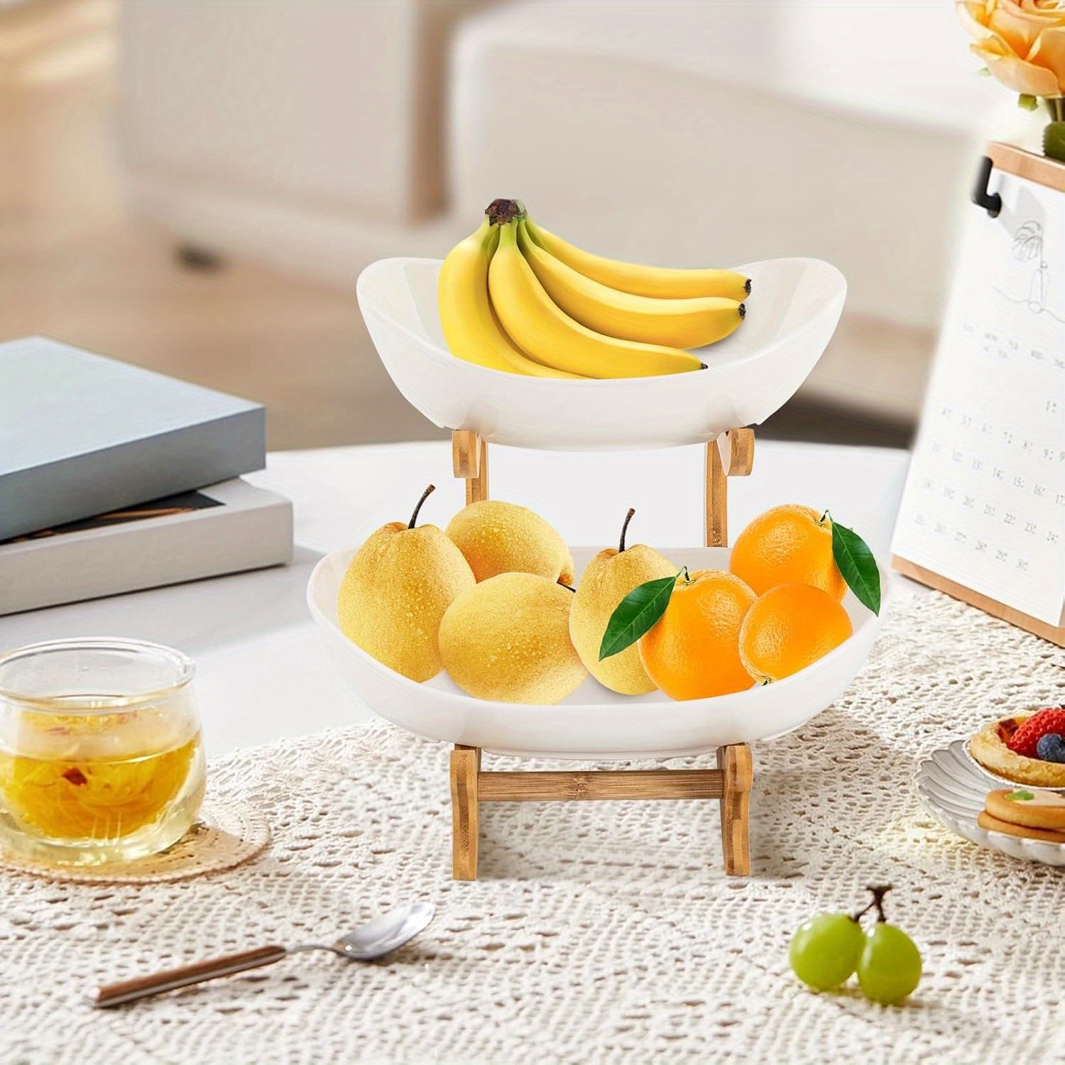 Bol à Fruits 2 Niveaux Céramique Avec Support Bambou - Dimensions 28x28x19 Cm - Lavable Lave-vaisselle - Décoration Comptoir Cuisine
