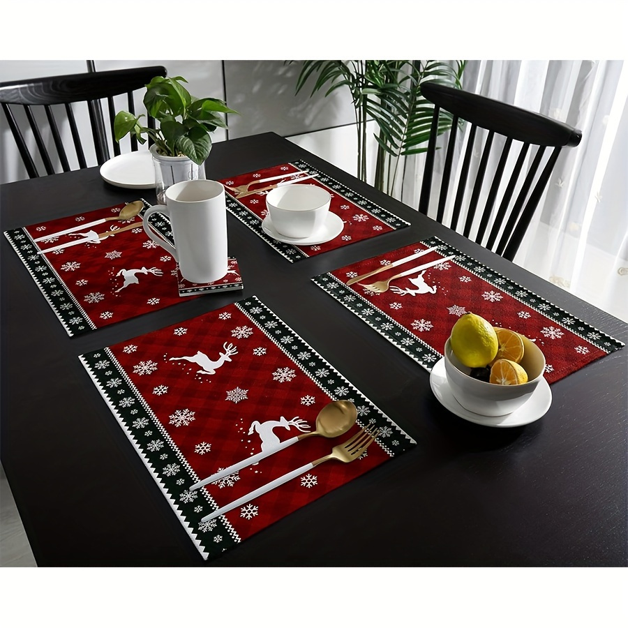 

Set Of 4 Christmas Reindeer Snowflake Placemats - Woven Polyester, Hand Washable, Fade-resistant, Waterproof & Heat Insulated Table Mats For Holiday Dining & Decor