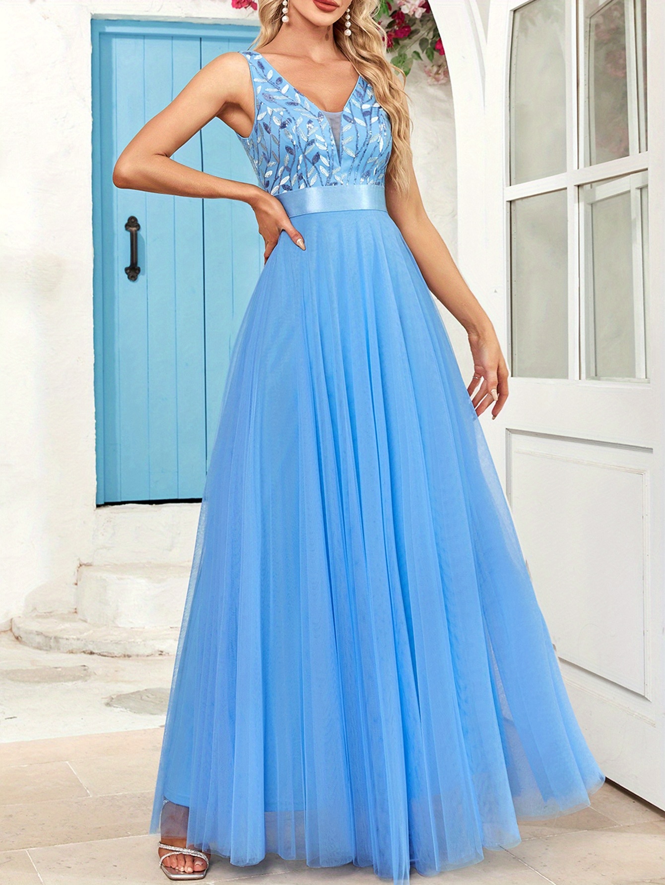 Lotus Pink Wedding Guest Dress for Women Elegant Classy Formal Evening Gown Mother of The Bride Dress V Neck Tulle Embroidery Sleeveless A-Line Party