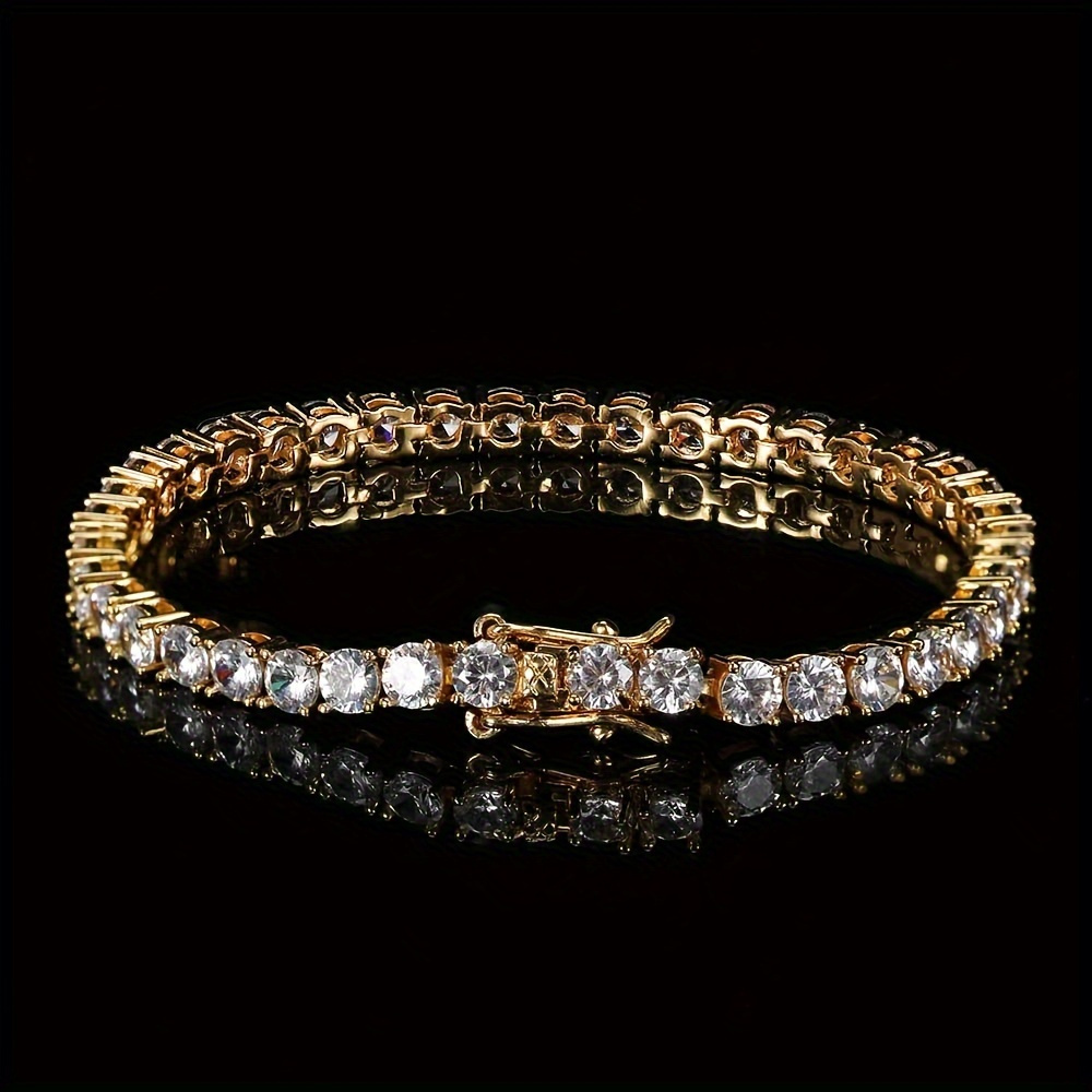 TEMU Fashion Brand Men's & Women's Pure Copper Tennis Chain Bracelet With Synthetic Zirconia Stones - Plated Hip Hop Style Jewelry, Anti-tarnish &