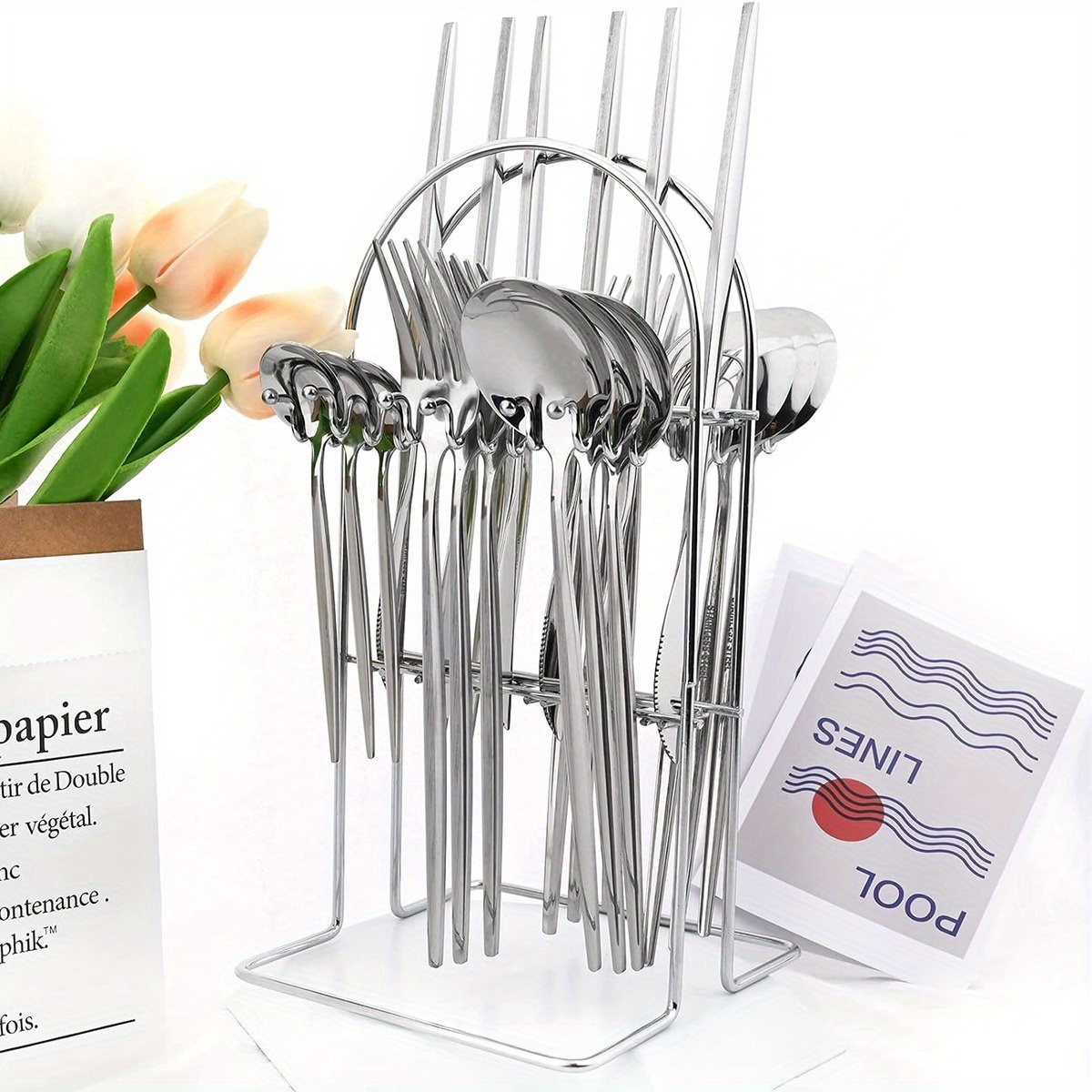 24pcs silverware set with 1 stand hanging stainless steel utensils set service for 6 flatware set rack eating tableware set   fork knife spoon holder set dishwasher safe