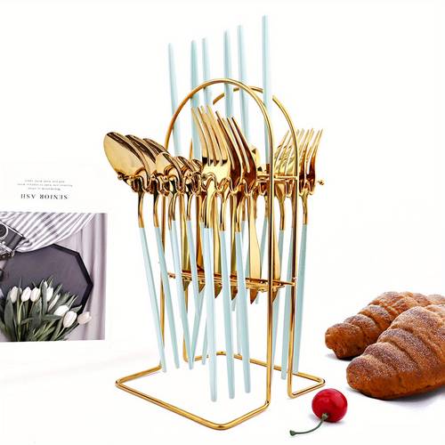 24pcs silverware set with 1 stand hanging stainless steel utensils set service for 6 flatware set rack eating tableware set fork knife spoon holder set dishwasher safe