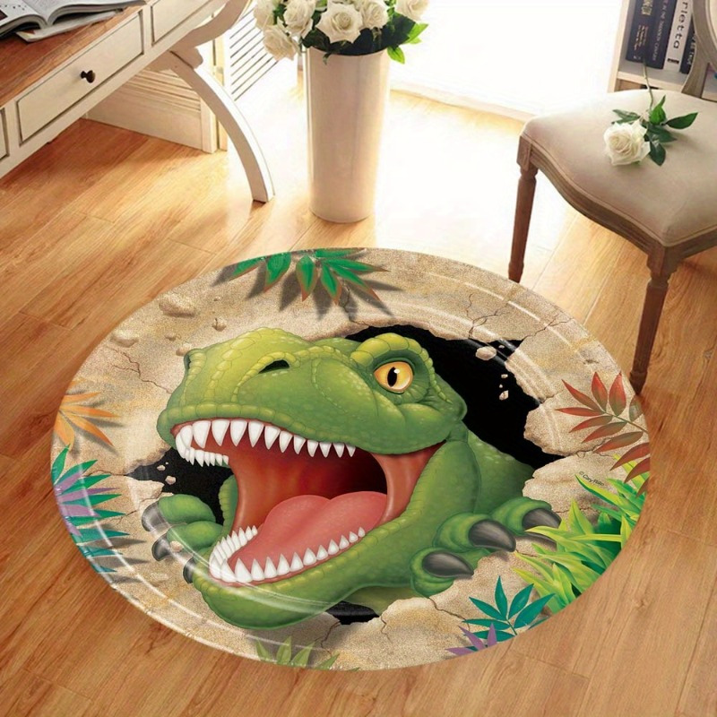 

Dinosaur Round Area Rug For Living Room, Bedroom, And Play Area - Polyester Fiber, Machine Washable, Ideal For Camping, Porch, Outdoor Use - Cartoon Design