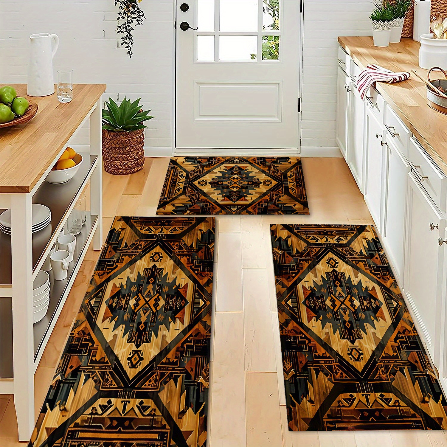 

3-piece Southwestern Design Area Rugs Set, Polyester Flannel, Non-slip Absorbent Mats For Living Room, Bedroom, Kitchen, Bathroom, Laundry Room - Machine Washable Indoor Rugs