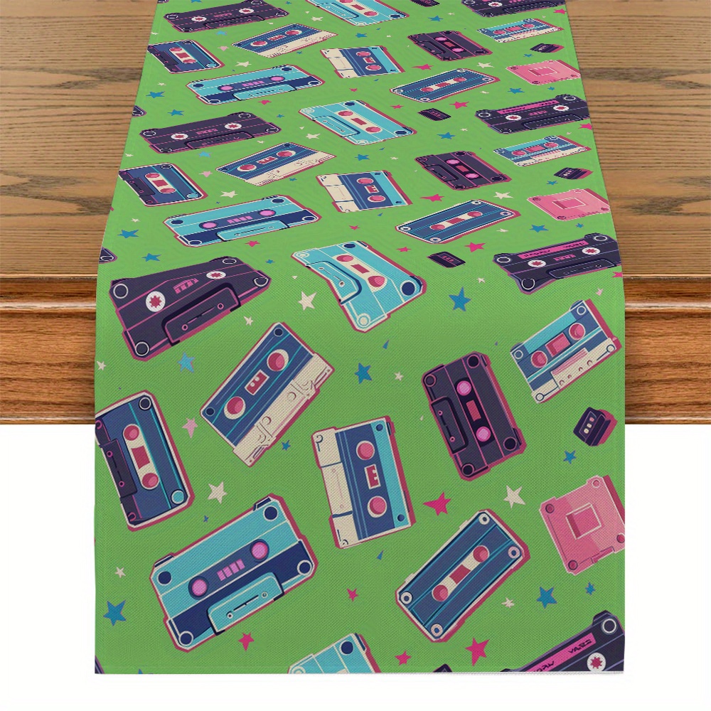 

1pc Retro Cassette Tape Table Runner - Vibrant Polyester Kitchen & Dining Table Decor With Colorful Video Recorder Designs, Rectangular Shape For Home, Party, Or Restaurant Decoration