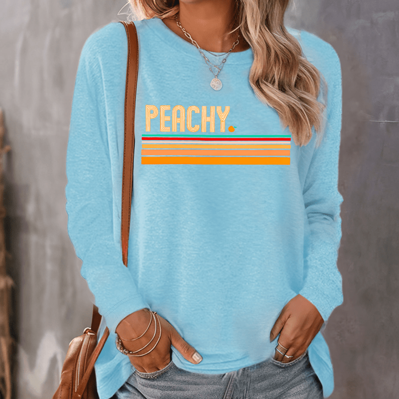 

Women's Casual Long Sleeve Crew Neck T-shirt With Peachy Print And Colorful Stripes, Knit Fabric Blend Of Polyester, Viscose, And Elastane For Fall/winter