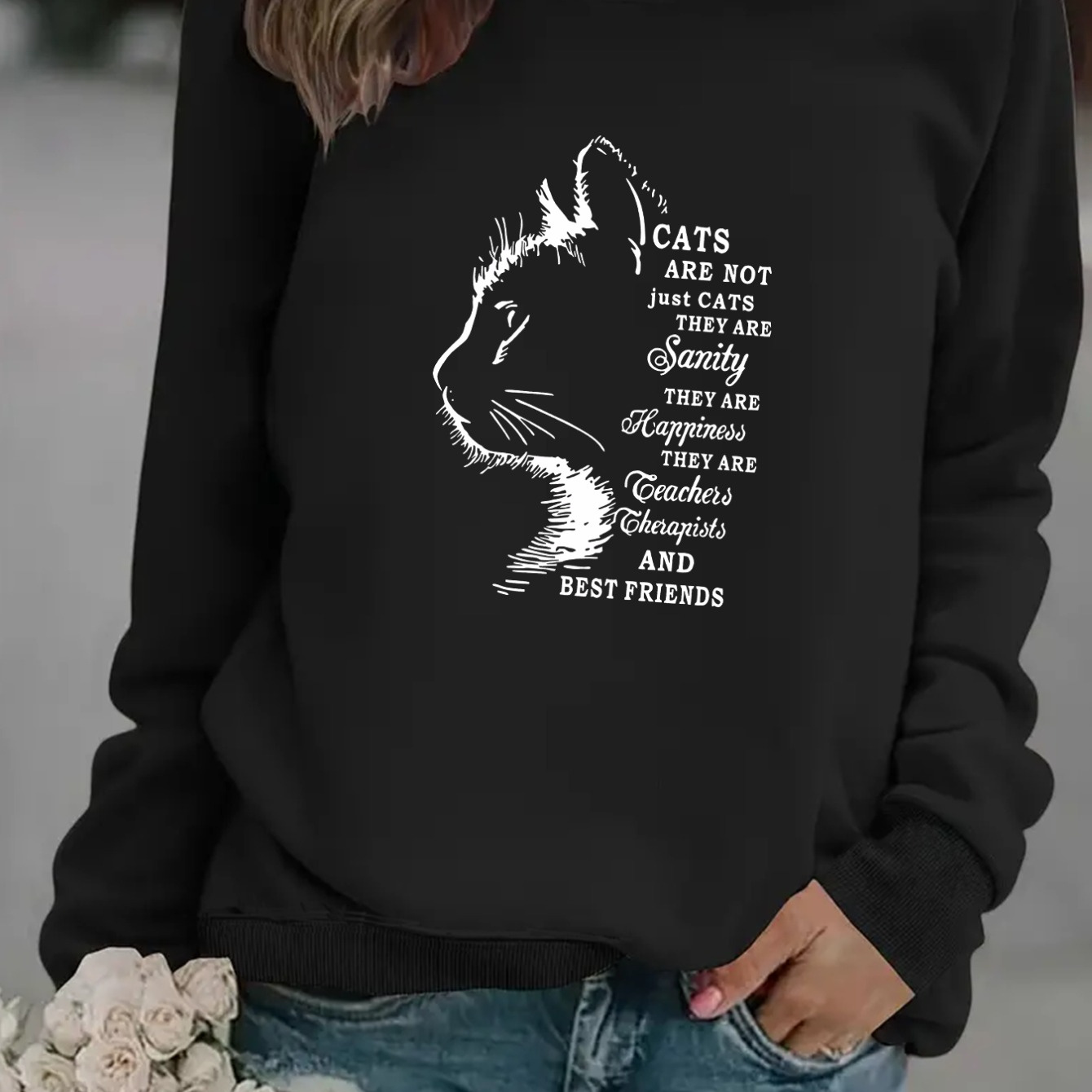 

Cozy Fleece-lined Women's Sweatshirt With Cute Cat Silhouette Print - Casual Pullover, Round Neck, Machine Washable