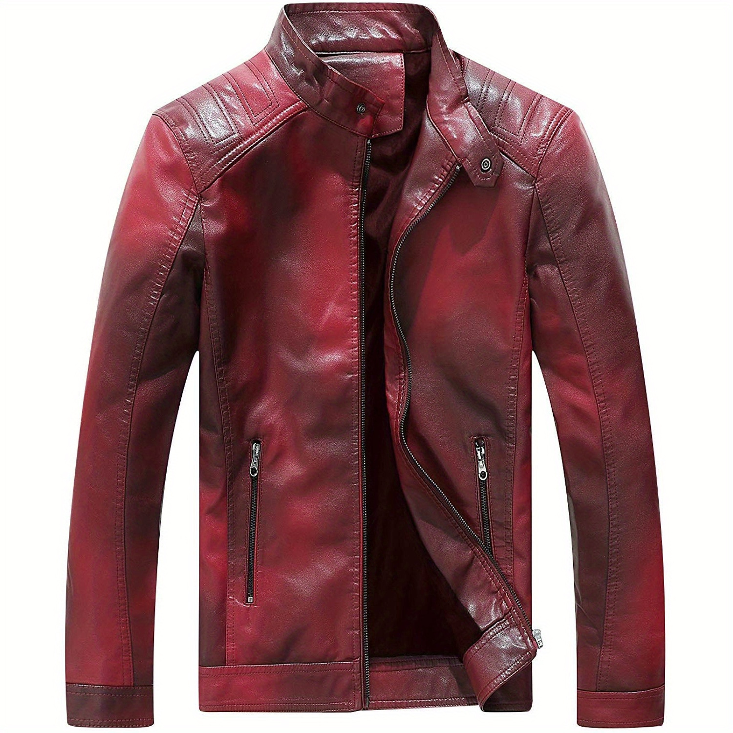 

Vintage-inspired Men's Pu Leather Jacket - Waterproof, Distressed Biker Style With Stand Collar And Zip Pockets