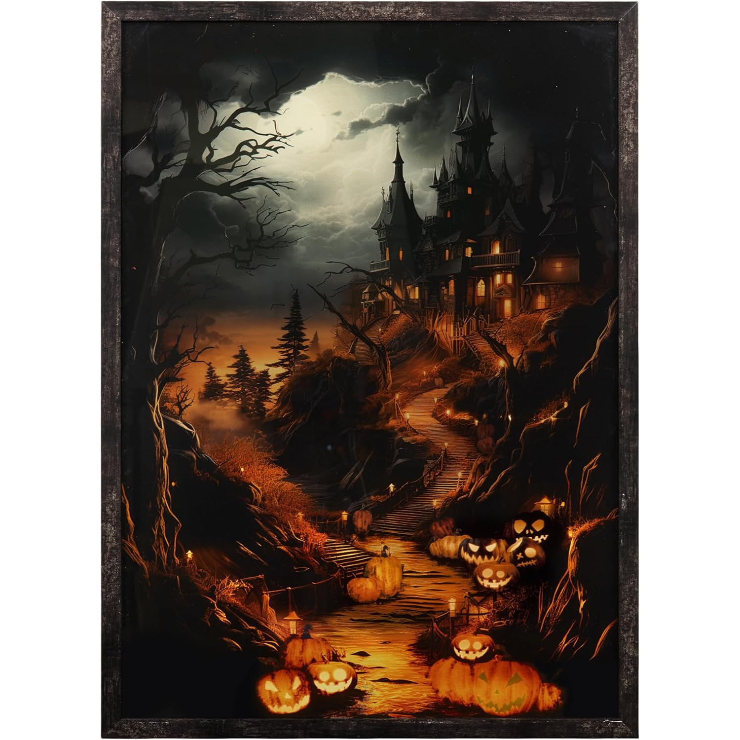 

Lighted Wall Decor, Gothic Wall Art With Lights, Decorations With Spooky Haunted Mansion &amp Pumpkins For Party Living Room Bedrrom (24x32) Inch Framed)