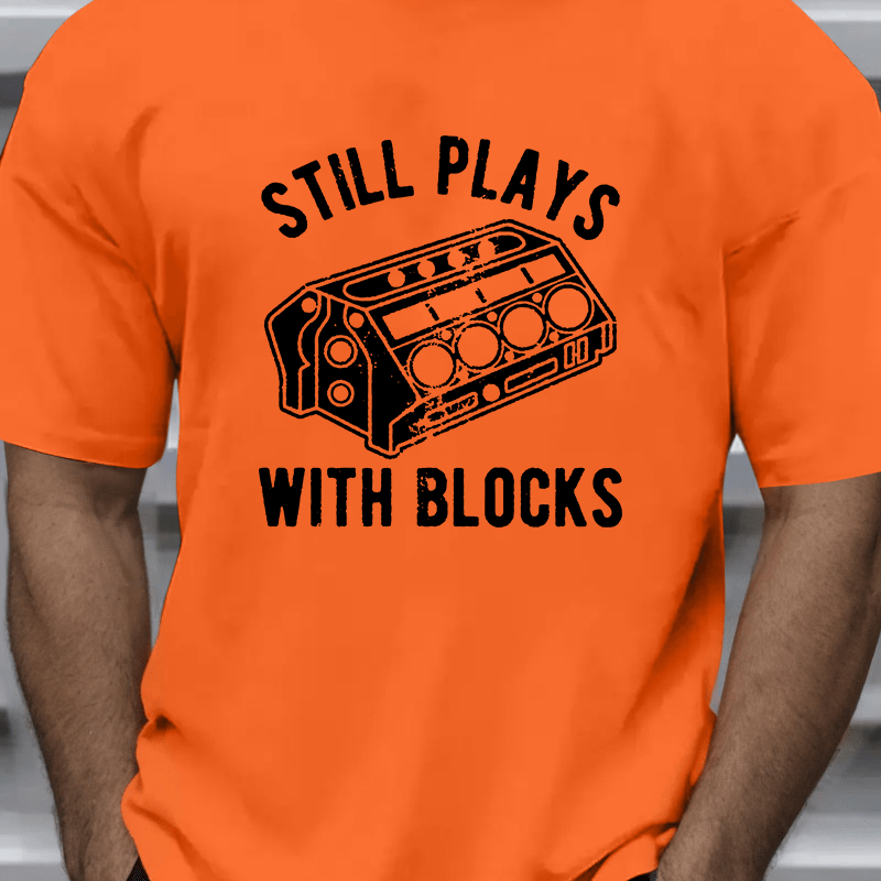 

Still Plays With Blocks Print Men's Plus Size Short Sleeve Crew Neck T-shirt, Casual Lightweight Tee, Stylish Breathable Top