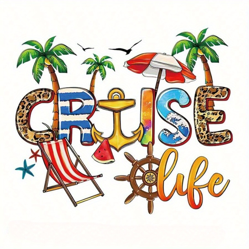 

1pc Cruise Life Themed Heat Transfer Iron-on Sticker, Cartoon Design, Polyester, Mixed Color, Diy Decoration For T-shirts, Hoodies, Backpacks, Pillows - Washable And