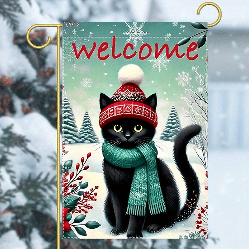 

Double-sided Welcome Christmas Black Cat Garden Flag - 1pc, Polyester Burlap, No Flagpole Needed, Waterproof, Uv & Fade Resistant, Machine Washable, 12x18 Inch